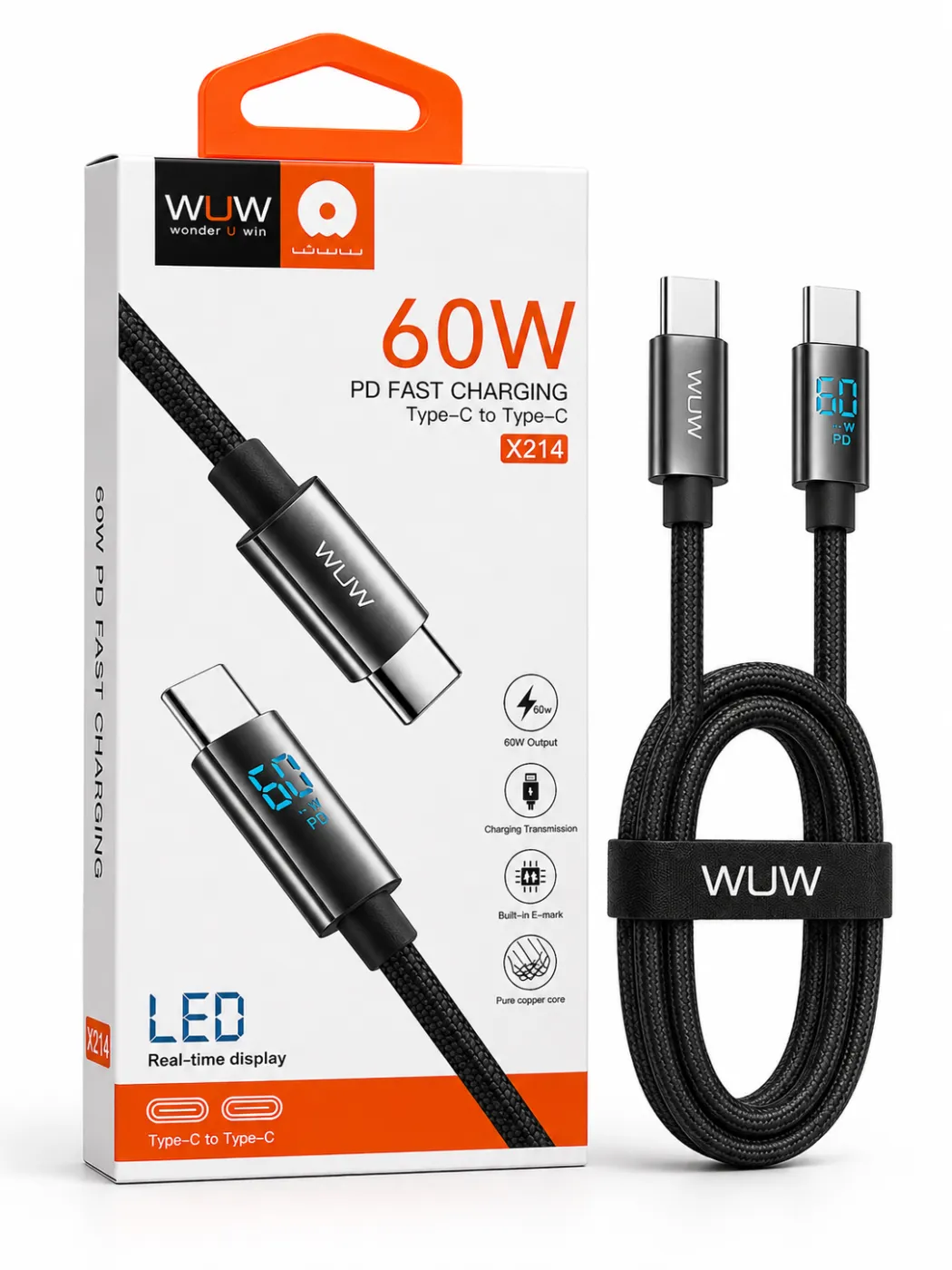 WUW X214 Type-C to Type-C PD Fast Charging Cable (with LED Display)